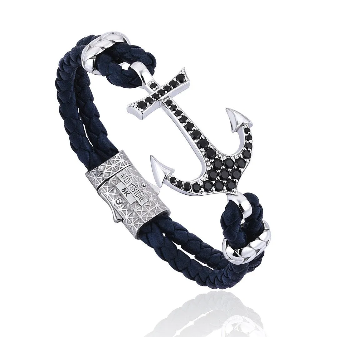 Anchor Leather Bracelet - Solid White Gold