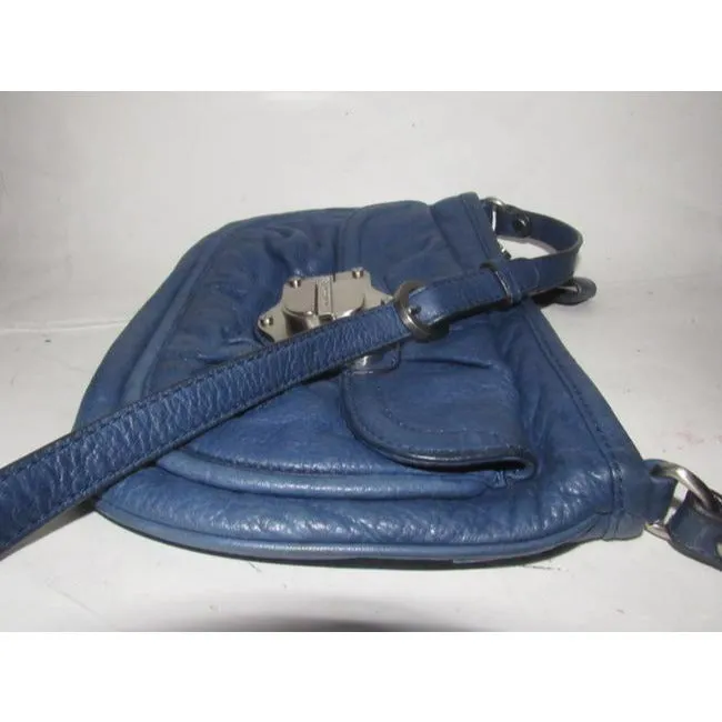 B Makowsky Denim Blue With Bold Chrome Accents Leather Cross Body Bag