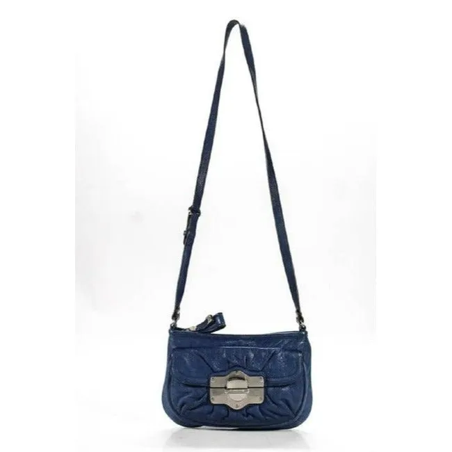B Makowsky Denim Blue With Bold Chrome Accents Leather Cross Body Bag