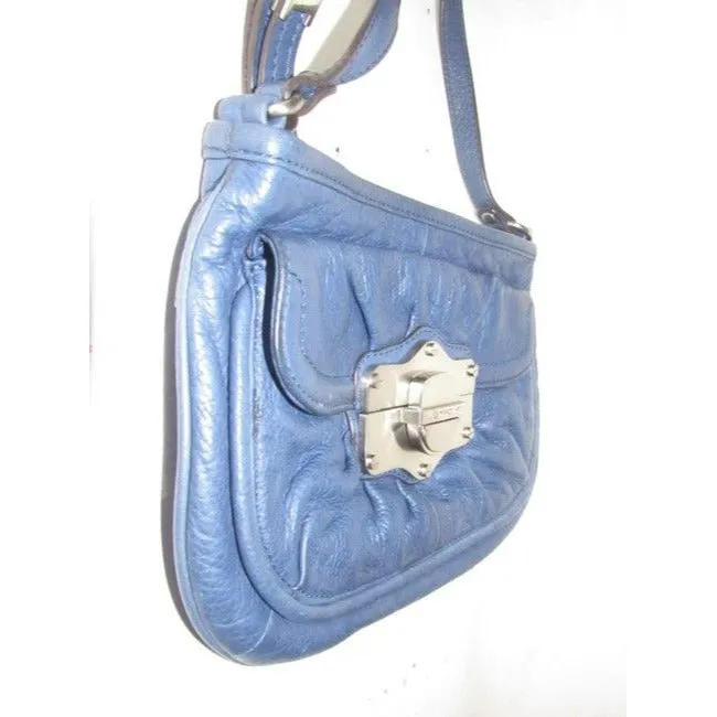 B Makowsky Denim Blue With Bold Chrome Accents Leather Cross Body Bag