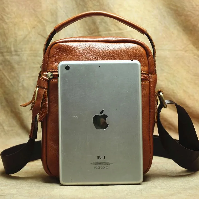 Brown Leather Men's Vertical Messenger Bag Side Bag Tablet Bag For Men