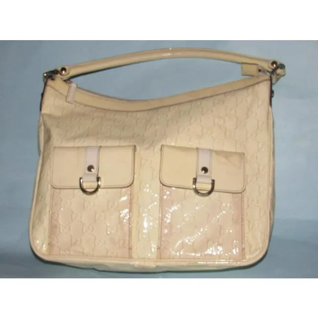 Gucci Abbey Vintage Yellow Large G Logo Print Patent Leather Hobo Bag
