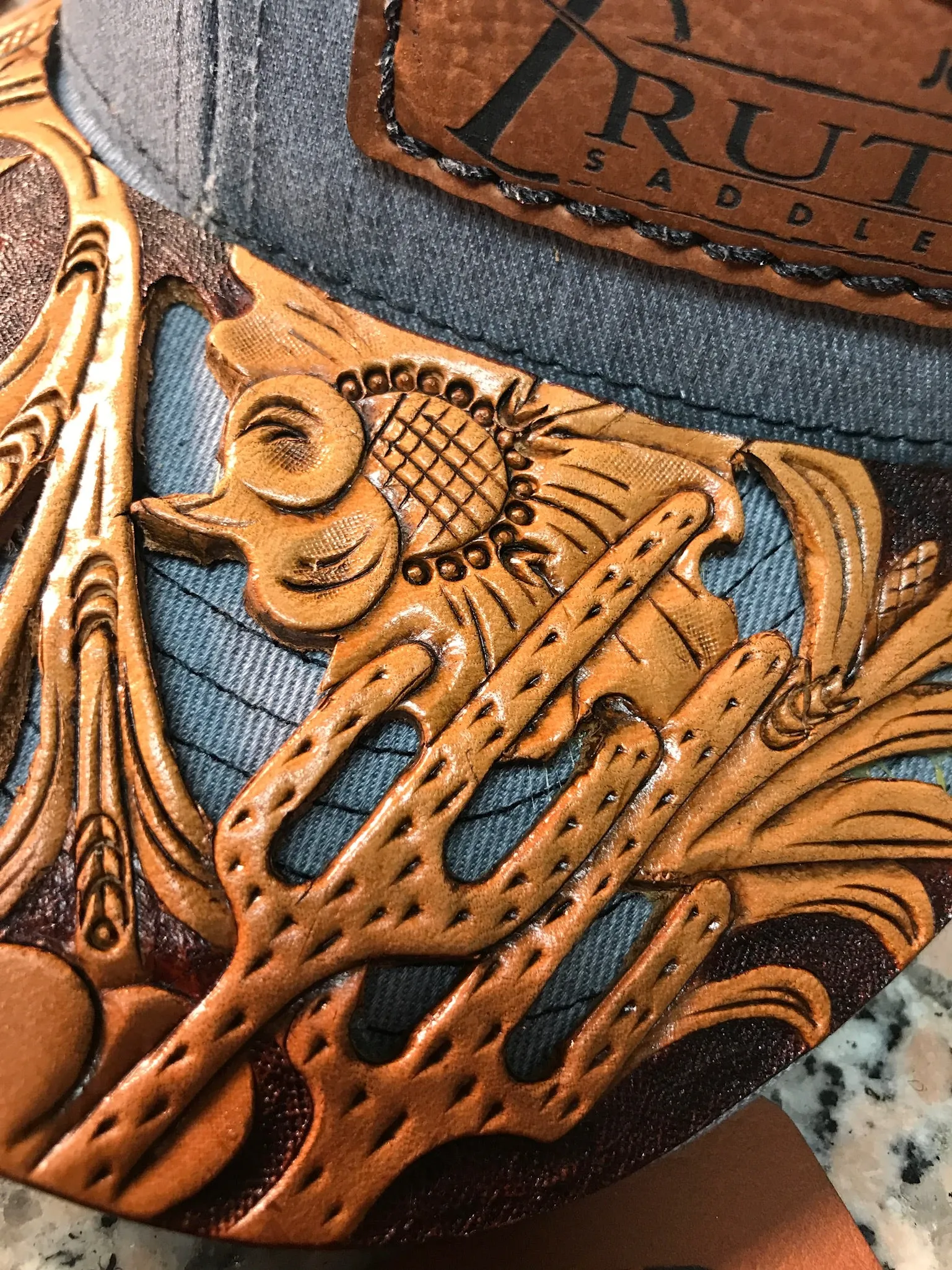 HAND TOOLED Leather Cap BRIM — TRUTH SADDLERY PATCH CAPS - Snap back One size fi