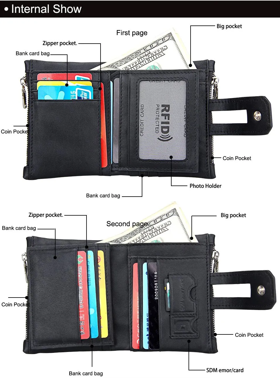 Men Genuine Leather Wallet with Anti-Magnetic Anti-Theft RFID Protection Lining