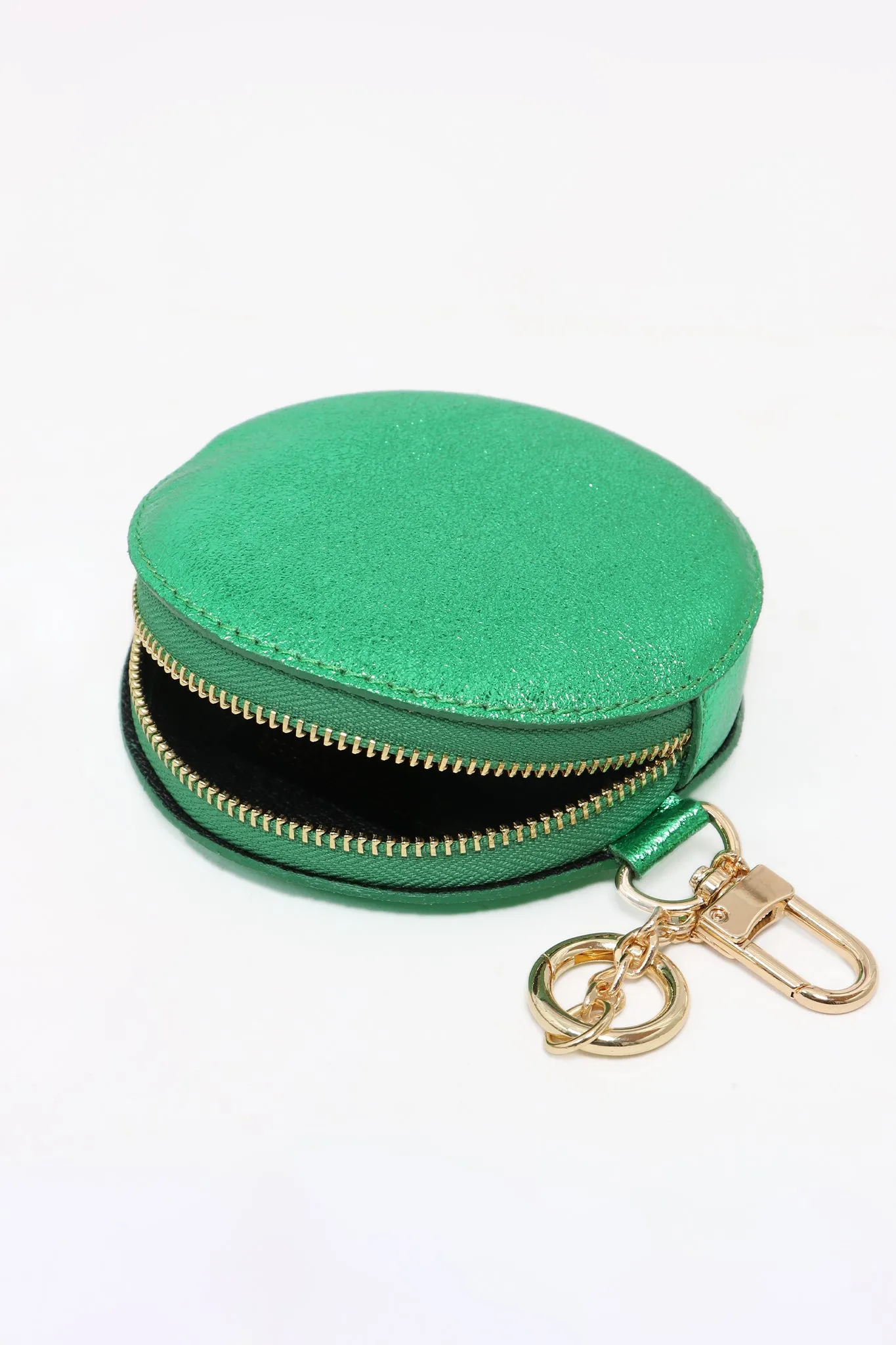 Metallic Bright Green Italian Leather Round Clip-On Coin Purse