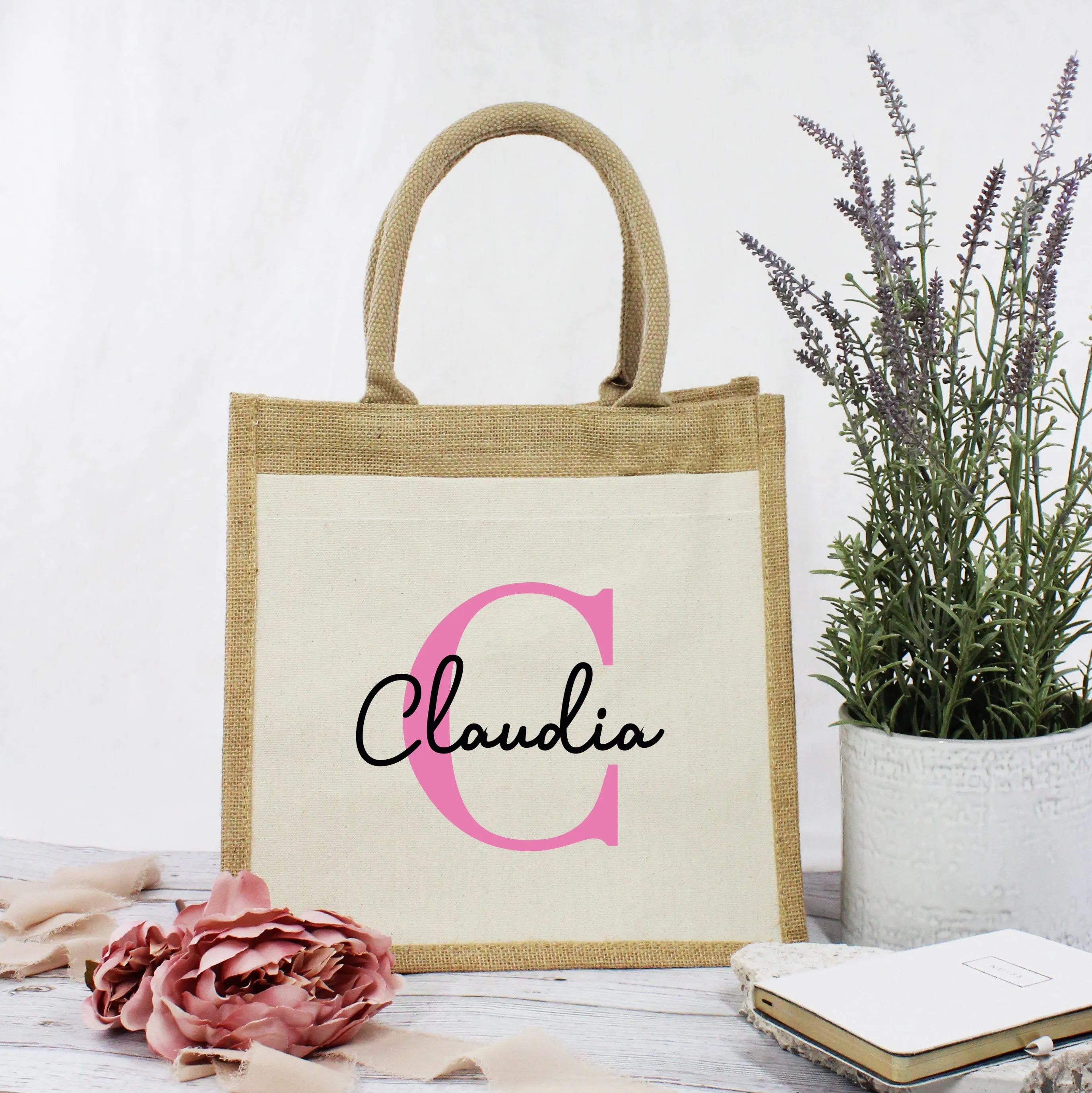 Personalised Pink Initial & Name Jute Bag