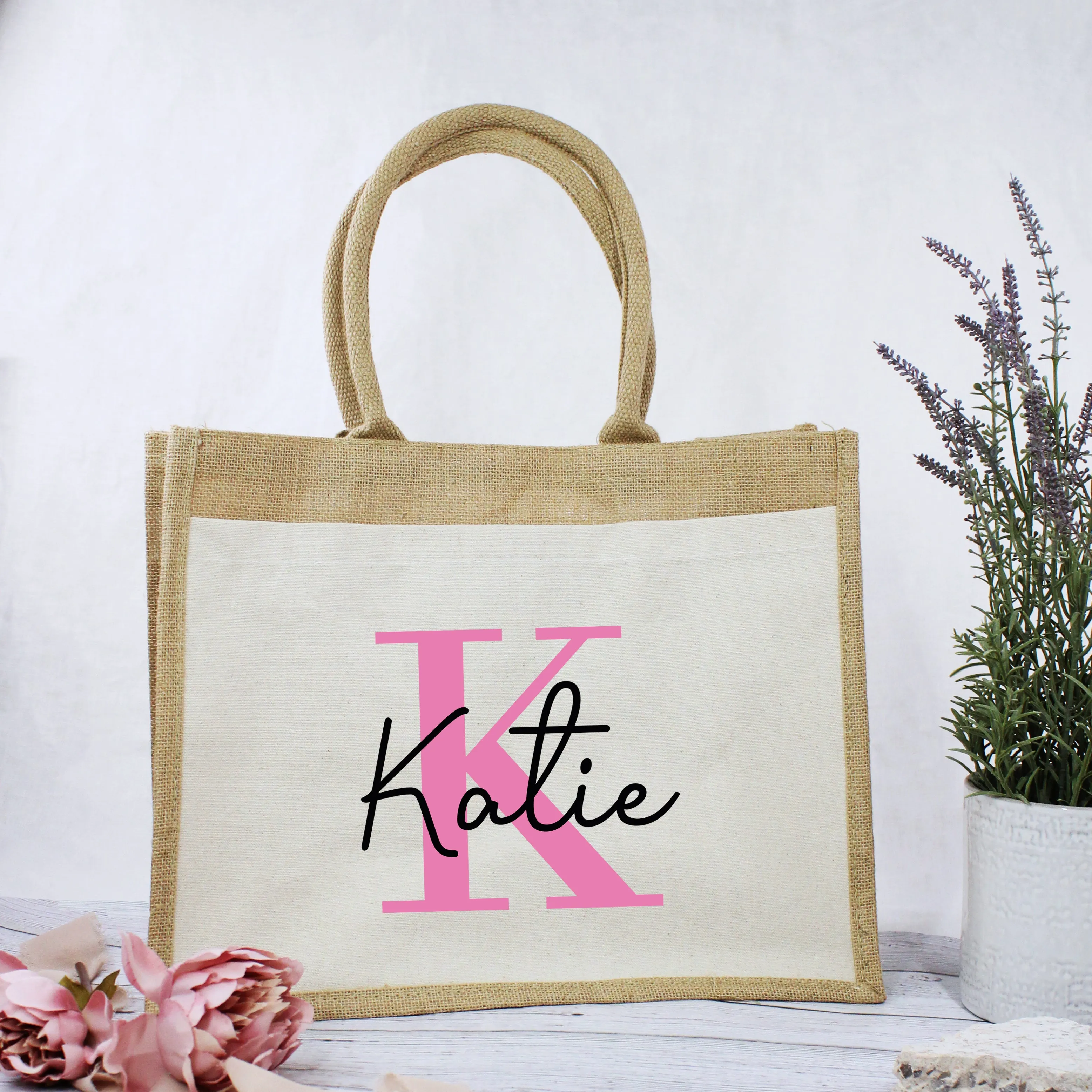 Personalised Pink Initial & Name Jute Bag
