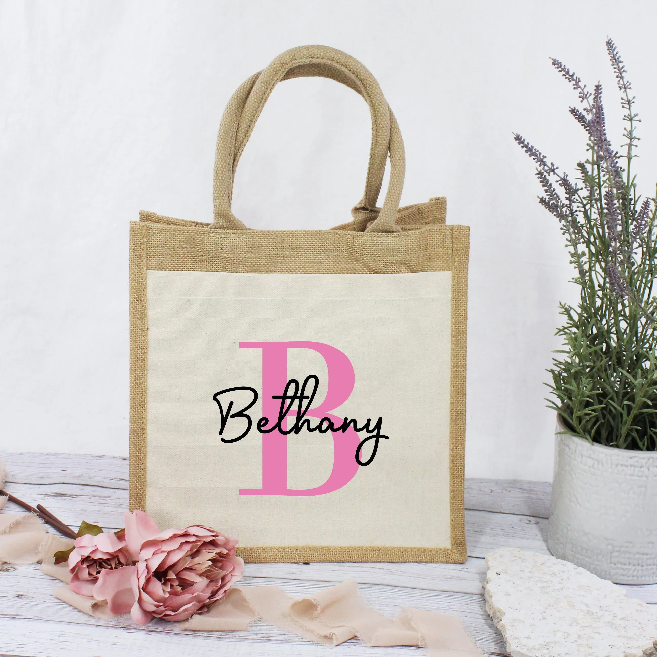 Personalised Pink Initial & Name Jute Bag
