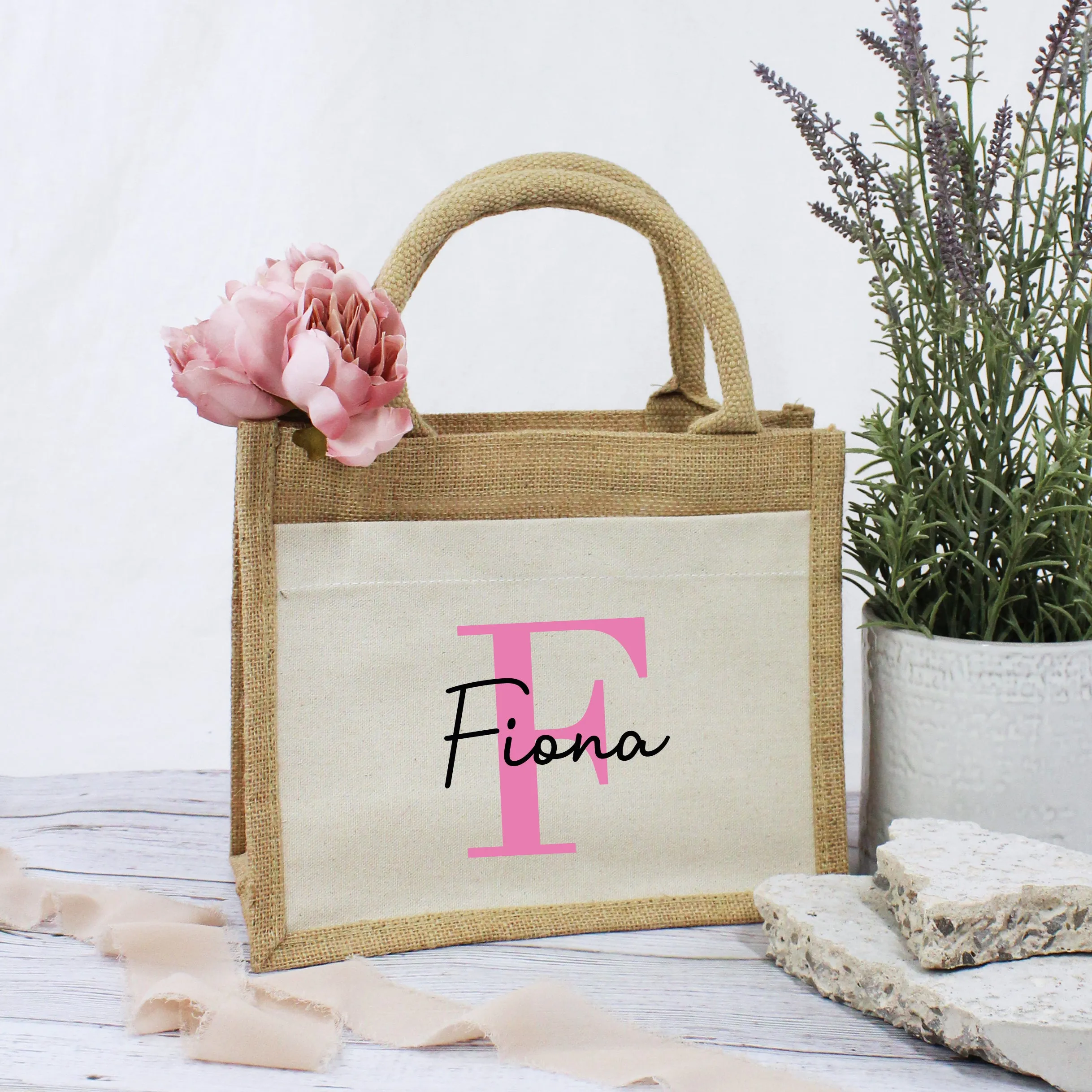 Personalised Pink Initial & Name Jute Bag