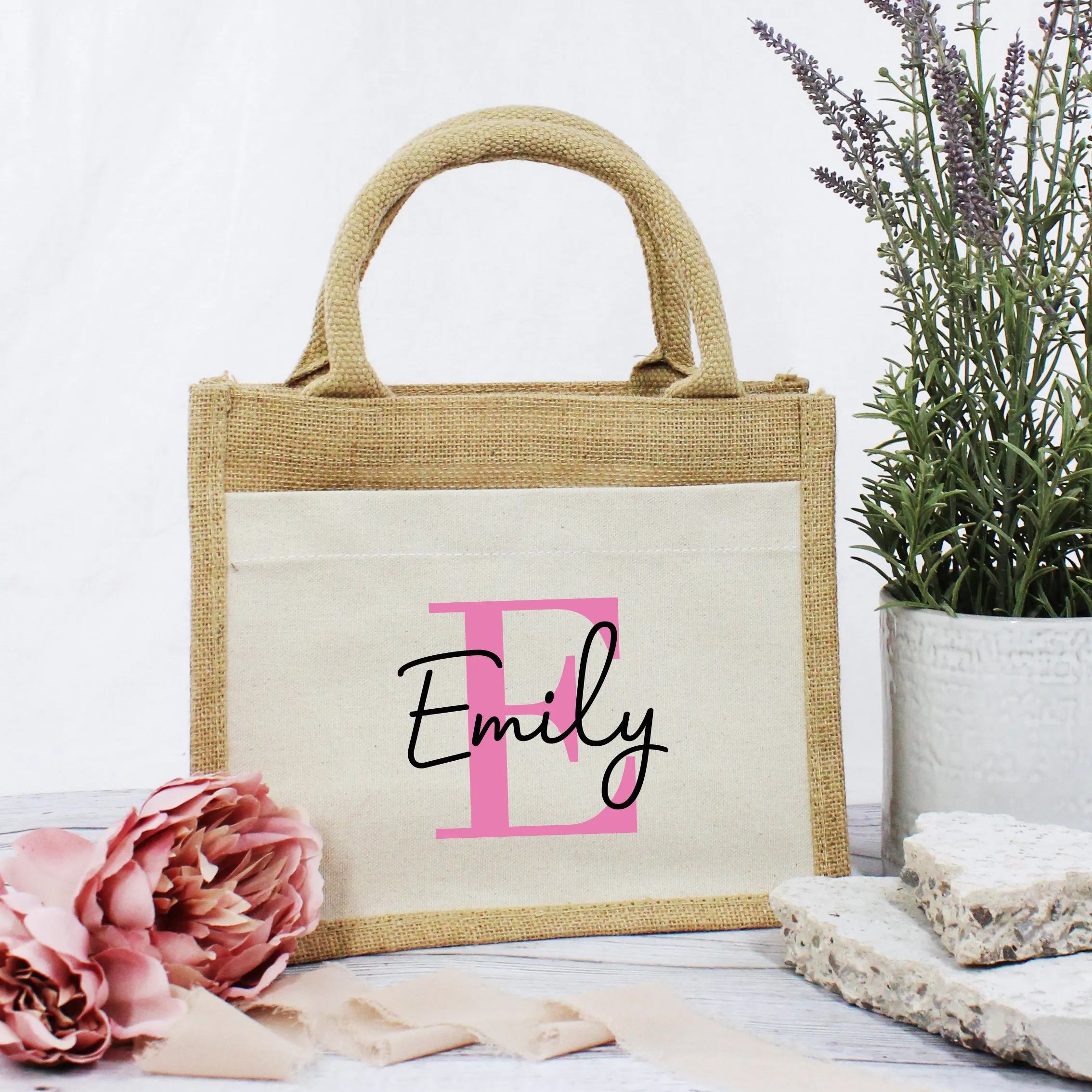 Personalised Pink Initial & Name Jute Bag