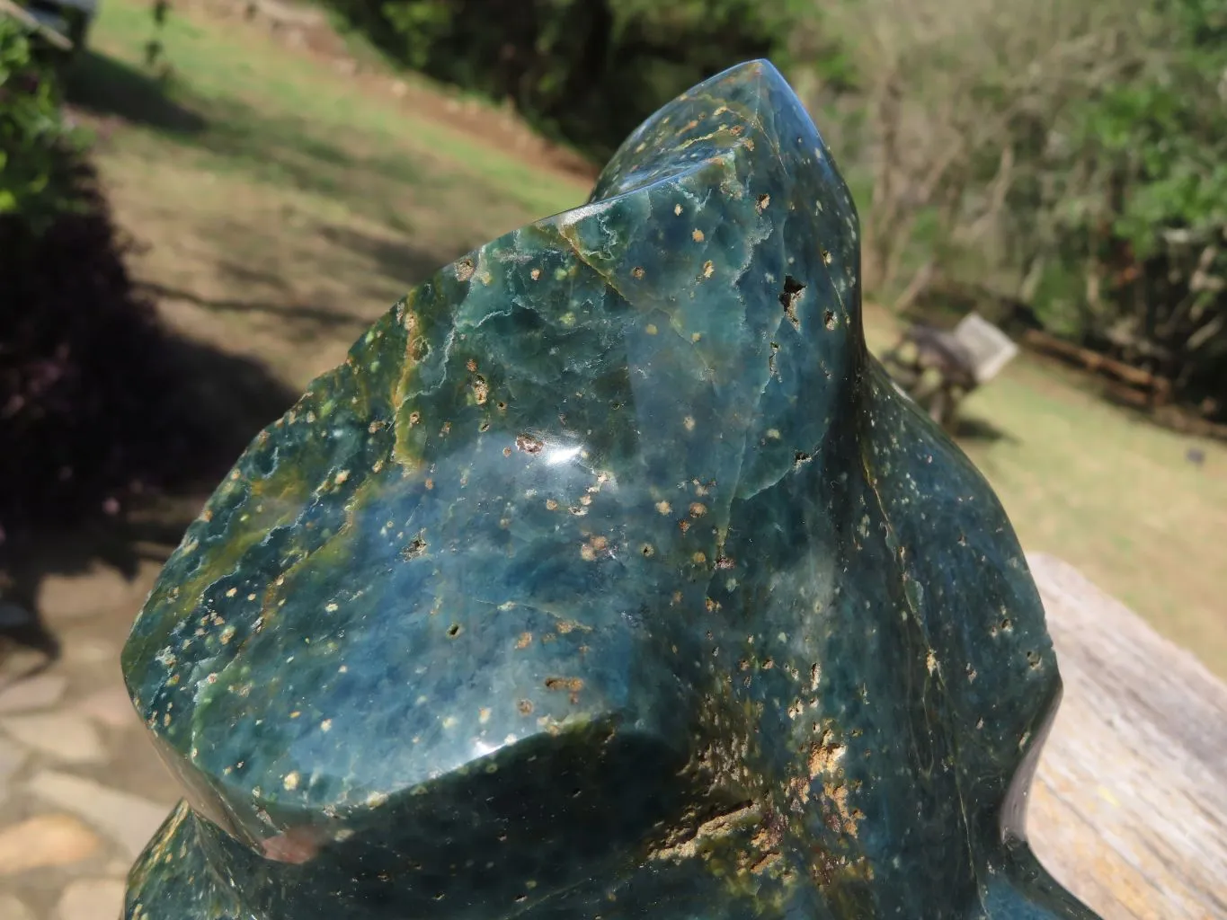 Polished Stunning XL Dark Green Ocean Jasper Flame With Yellow Orbicular Patterns x 1 From Marovato, Madagascar