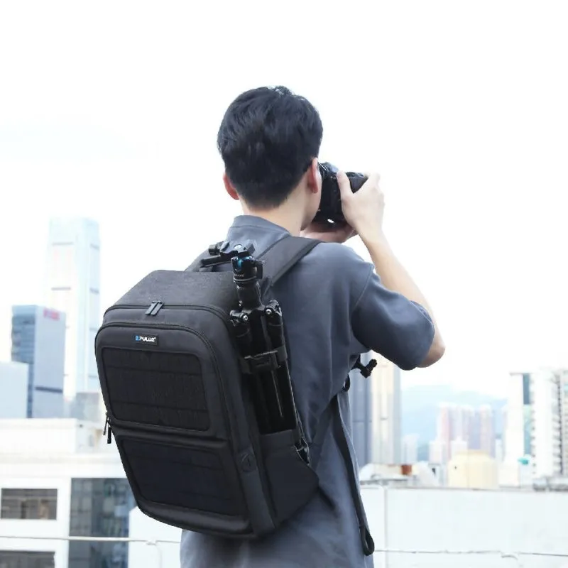 PULUZ Solar Power Outdoor Portable Camera Dual Shoulders Backpack Laptop Bag (Black)