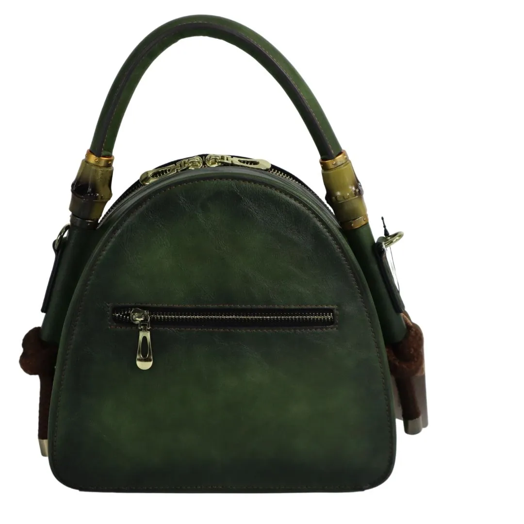 Retro Vintage Cowhide Leather Organizer Bamboo Handle Satchel Totem Leather Handbag Ladies
