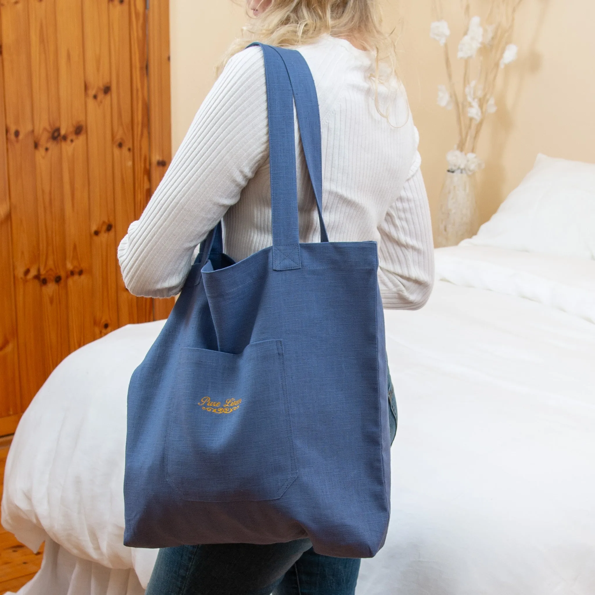 Shopping Bag Natural Linen with Pockets