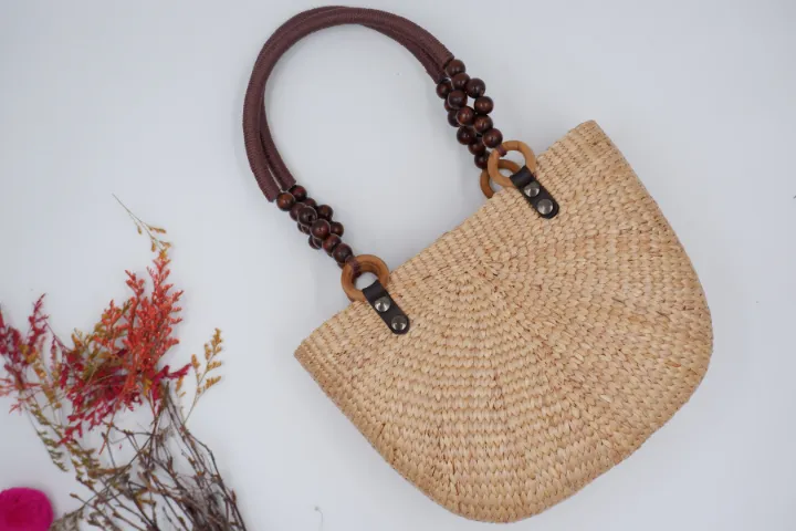 straw tote bag with wood beads handle