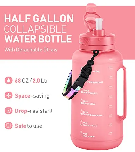 TakeToday 68 oz Collapsible Water Bottles With Straw, Half Gallon