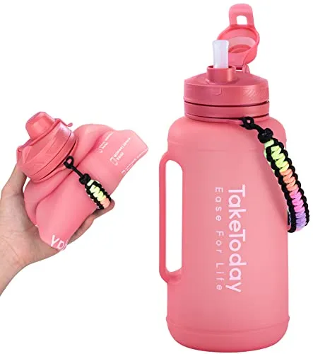 TakeToday 68 oz Collapsible Water Bottles With Straw, Half Gallon