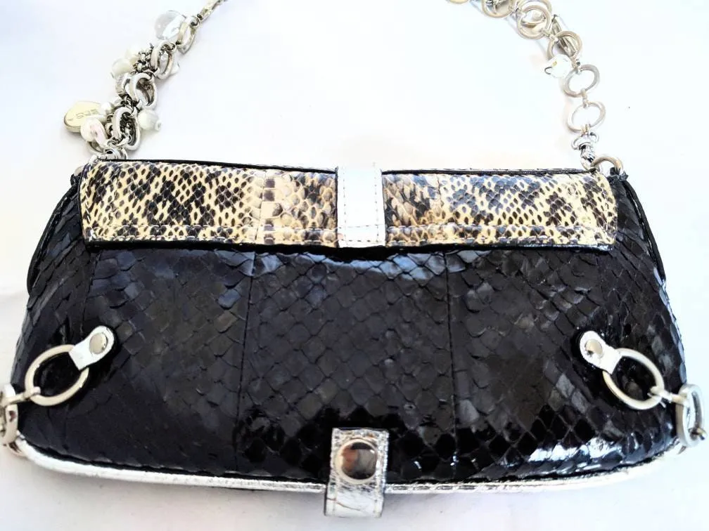 Tosca Blu Rare Shoulder Saddle Bag – Designer Snakeskin Leather Bag, Jeweled Chain-Link Strap, Stylish & Trendy, Vintage