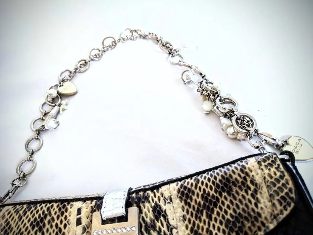 Tosca Blu Rare Shoulder Saddle Bag – Designer Snakeskin Leather Bag, Jeweled Chain-Link Strap, Stylish & Trendy, Vintage