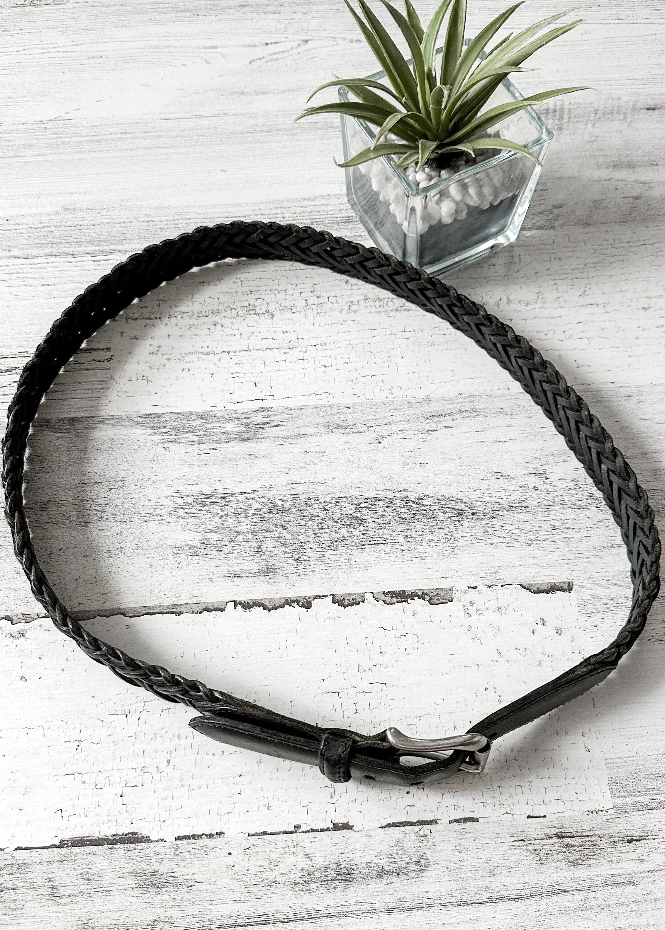 Vintage 90s Coach Black Leather Braided Woven Silver Buckle Womens 36” Belt 3865